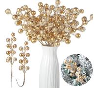 Censen 24 Paquets Pics de Fausses Baies pour Arbre de Noël 20 cm Baies de Houx Artificielles avec Flocon de Neige Givré Tiges de Baies Scintillantes pour Vacances Hiver DIY Artisanat (Or)