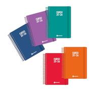 Centauro Lot de 5 agendas scolaires 2025/2026 A5, 2 jours par page, 5 unités de couleurs assorties, couverture souple, feuilles de 70 g, espagnol, spirale PVC, avec planificateur d'études et