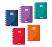 Centauro - Lot de 5 agendas scolaires 2025/2026 a5, un jour par page, 5 unités de couleurs assorties, feuilles de 70 g, espagnol, couverture rigide, spirale PVC, comprend des feuilles spéciales pour