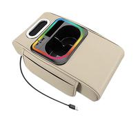 Center Console Armrest - Thick Car Cushion with USB Ambient Lighting | 36x19x8cm Leather Pad, Side Pocket Organizer, Tissue Holder Slot, 5A Fast Charging Ports, Driver Passenger Comfort