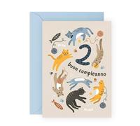 Central 23 Biglietto Auguri 2 Anni Gatto Bambino Bambina Secondo Piccolo Figlio Nipote Traguardo Età Due Da Mamma Papà Idea Regalo Dolce Con Adesivi Di