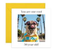 CENTRAL 23 Carte d'anniversaire 50 ans pour lui, frère, papa ou ami - Carlin avec lunettes de soleil et chemise - Scène rétro de palmier - Enveloppe jaune - Livré avec autocollants