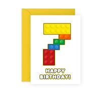 Central 23 Carte d'anniversaire 7 ans - 7 blocs de construction - Cartes de 7 ans - Cartes d'anniversaire - Bloc de construction - Cadeaux pour garçons, petit-fils, neveu - Livré avec autocollant