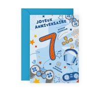 Central 23 Carte d'anniversaire - 7 ans - Joueur - Joyeux 7e anniversaire - Jeu vidéo pour fils, neveu, enfant, garçons, petit-fils - Livré avec des autocollants