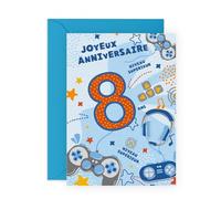 Central 23 Carte d'anniversaire - 8 ans - Joueur - Joyeux 8e anniversaire - Jeu vidéo pour fils, neveu, enfant, garçons, petit-fils - Livré avec des autocollants