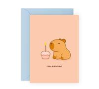 CENTRAL 23 Jolie carte d'anniversaire - « Capy Birthday ! » - Pour son amie, fille, nièce - Adorable dessin animé Capybara avec cupcake pour enfants garçons filles - Enveloppe bleue - Jeu de mots