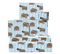 CENTRAL 23 Lot de 6 feuilles de papier cadeau bleu pour bébé animal - Bébé hippopotame Moo Deng - Hippopotame - Joli papier cadeau pour homme et femme - Livré avec autocollants
