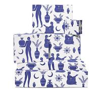 CENTRAL 23 Lot de 6 feuilles de papier cadeau écologique - Vases et figurines - Pour anniversaire, mariage, Noël - Avec autocollants amusants - Bleu et blanc