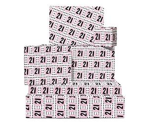 CENTRAL 23 Lot de 6 feuilles de papier cadeau épais pour 21e anniversaire - Motif à pois roses - Pour fils ou filles - Avec autocollants amusants