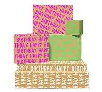 CENTRAL 23 Lot de 6 feuilles de papier cadeau Happy Birthday pour filles et garçons - Marron, blanc, rose, vert - Papiers assortis - Pour homme et femme - Avec autocollants amusants