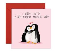 Central 23 Tarjeta de aniversario de bodas para pareja: 3 años cumplidos, para siempre. Tarjeta de aniversario de pingüino para esposo, esposa, novio y novia. Incluye pegatinas.