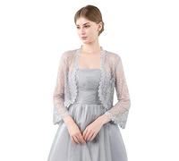 Central Chic Boléro ouvert sur le devant en dentelle pour femmes - Pour mariage, demoiselles d'honneur, robes de soirée S-M, gris argenté, taille unique