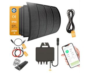 Centrale de Balcon 800W_RC® MI2S-800D + 4 Panneaux solaires Flexibles 200 W + câble de raccordement Secteur AC de 5 m + 2 rallonges CC MC4 1,2 m/2 m x 2 m + Bande en Acier Inoxydable