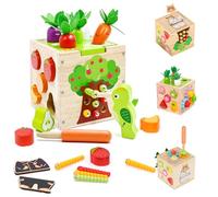 Centre Activité Montessori Multijeux, Cube d'Activité Bébé en Bois, Comprend la Correspondance des Formes, Le Tirage de Carottes, la Capture d'insectes, des Engrenages, Jeux en Bois pour Bébés de 1 an