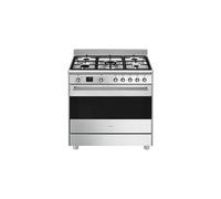 Centre de cuisson 90 cm, 5 bruleurs gaz dont 1 ultra-rapide surpuissant 4 kW, four multifonction (9 dont double chaleur tournante), nettoyage catalyse, moufle geant 115 litres nets, eclairage 2 haloge
