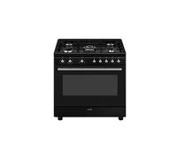Centre de cuisson 90 cm, 5 bruleurs gaz dont 1 ultra-rapide surpuissant 4 kW, four multifonction (9 dont double chaleur tournante), nettoyage catalyse, moufle geant 115 litres nets, eclairage 2 haloge