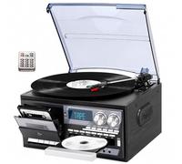 Centre de musique rétro avec platine vinyle à 3 vitesses | Finition aspect bois, écoute à domicile, radio cassette CD Bluetooth, USB Sd Aux, haut-parleurs intégrés(All black)