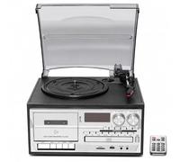 Centre de musique rétro avec platine vinyle à 3 vitesses | Finition aspect bois, écoute à domicile, radio cassette CD Bluetooth, USB Sd Aux, haut-parleurs intégrés(Black)