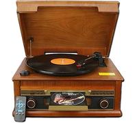Centre de musique sans fil vintage 8 en 1 avec télécommande, platine à 3 vitesses, radio numérique/FM DAB, lecteur CD/cassette, lecture/enregistrement USB, construction en bois véritable
