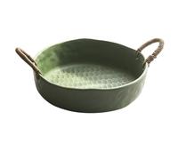 Centre de table fruits Coupe à fruits en céramique avec anses rotin, texture alvéolée, plat de service décoratif for la cuisine et salle manger(Green,Petit)