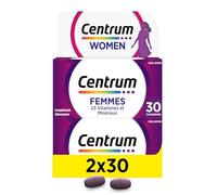 CENTRUM Women - Multivitamines et Minéraux pour Femme - 23 nutriments Vit D, C, B12, B7, Fer & Zinc - Complément Alimentaire Fatigue, Immunité, Peau, Cheveux, Ongles - Lot de 2 x 30 Comprimés - 2 Mois