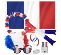 Century Star Grand paquet de supporter de France pour l'Euro 2024 | 7 pièces | perruque, capuche, drapeau français, bâton gonflable, lunettes de soleil décoratives Ensemble de 7 pièces
