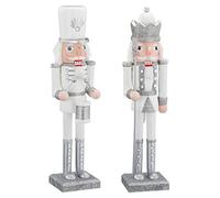 Cepewa Figurine casse-noisette en bois, composée de tambour et de roi, 38 cm, blanc et argenté, décoration de Noël, style des Monts Métallifères, concasseur à noix, 1 pièce