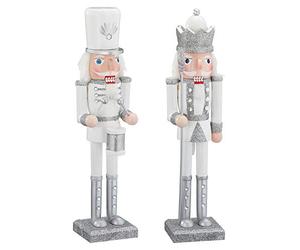 Cepewa Figurine casse-noisette en bois, composée de tambour et de roi, 38 cm, blanc et argenté, décoration de Noël, style des Monts Métallifères, concasseur à noix, 1 pièce