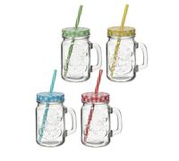 Cepewa Lot de 4 Verres à Boire avec Couvercle et Paille, 350 ml, en Verre