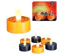 Cepewa Lot de 6 bougies chauffe-plat LED pour Halloween - Diamètre : 4 x H 2,5 cm - En plastique orange noir - Sans flamme - Jaune - À piles