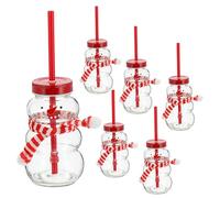 Cepewa Lot de 6 verres bonhomme de neige - Capacité : 260 ml - Verre métal et plastique - Verre avec couvercle et paille (1 lot de 6 bonhomme de neige)