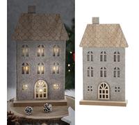 Cepewa Maison lumineuse à LED sur pied en bois - Décoration Noel - Feutre polyester MDF - 17 x 30 x 5 cm - 9 LED - Fonctionne avec piles - Avec fonction minuterie