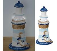 Cepewa Phare LED décoratif - Ancre en bois - Hauteur : 22 cm - Fonctionne avec piles - Blanc bleu naturel - Décoration maritime - 1 phare LED de 22 cm de haut