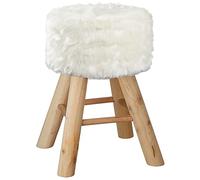 Cepewa Tabouret rond en fourrure de pin et polyester - 28 x 40 cm - Avec fourrure synthétique et pieds en bois - Blanc