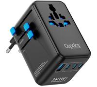 Ceptics Adaptateur secteur international 6 en 1 avec PD 140 W USB-C, 1 port USB-A, 3 x Type C, entrée universelle et 1 entrée USA/JP avec prises de type A, C, G, I pour voyage international - Certifié