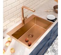 CERAMIA Timeless Évier de Cuisine Encastrable 1 Bac 68x45 cm Inox 304 | Finition Cuivre Brossé PVD | Installation facile