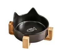Ceramic Cat Bowls, Anti-Fall Dog Food Bowl, 4.92x4.92in Spill-Proof Pet Feeding Dish, Cat Bowl with Wooden Stand, Cute Kitten Ear Design, Animal Water Feeder for Cats and Dogs