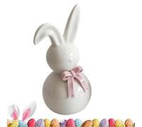 Ceramic Easter Bunny Figurine - Pink White Rabbit Sculpture With Bow | Cute Spring Rabbit Decoration Statue, Decorative Bunny Ornament For Home Apartment Office Shelf Mantel Table Seasonal Display