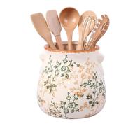 Ceramic Kitchen Utensil Holder, Vintage Blue and White Floral Crock Vase | Sturdy hand-painted ceramic crock featuring a wide mouth design for organized countertop storage and rustic farmhouse decor.