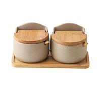 Ceramic Salt Dish - Kitchen Seasoning Box Set, Storage Jar Wooden Spoon