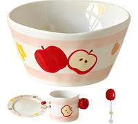 Ceramic Tableware Set with Apple Pattern, 4 Piece Underglaze Dishware, Microwave Oven Dishwasher Safe, Single Serving Dinnerware for Kitchen and Dining, Includes 5.31 in Bowl, Plate, Mug, Spoon