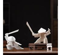 Ceramics Lot de 2 figurines de samouraï minimalistes en céramique avec épée de samouraï, statue zen de méditation, porte-encens pour bâtons, épéiste de collection, décoration de table de maison (blanc