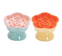 CERAMICS Lot de 2 gamelles surélevées en verre pour chat - En forme de fleur - Pour nourriture sèche et humide - Rose et orange