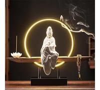 Ceramics - Statue de Bouddha Kwan Yin - Brûleur d'encens d'intérieur avec anneau lumineux LED, bonsaï, décoration de jardin pour la maison et le bureau, N