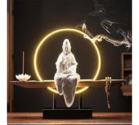 Ceramics - Statue de Bouddha Kwan Yin - Brûleur d'encens d'intérieur avec anneau lumineux LED, bonsaï, décoration de jardin pour la maison et le bureau, N