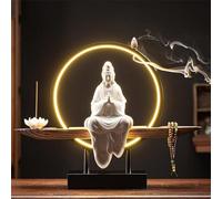 Ceramics - Statue de Bouddha Kwan Yin - Brûleur d'encens d'intérieur avec anneau lumineux LED, bonsaï, décoration de jardin pour la maison et le bureau, N