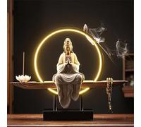 Ceramics - Statue de Bouddha Kwan Yin - Brûleur d'encens d'intérieur avec anneau lumineux LED, bonsaï, décoration de jardin pour la maison et le bureau, N