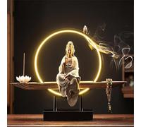 Ceramics - Statue de Bouddha Kwan Yin - Brûleur d'encens d'intérieur avec anneau lumineux LED, bonsaï, décoration de jardin pour la maison et le bureau, N