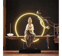 Ceramics - Statue de Bouddha Kwan Yin - Brûleur d'encens d'intérieur avec anneau lumineux LED, bonsaï, décoration de jardin pour la maison et le bureau, N