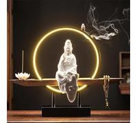 Ceramics - Statue de Bouddha Kwan Yin - Brûleur d'encens d'intérieur avec anneau lumineux LED, bonsaï, décoration de jardin pour la maison et le bureau, N